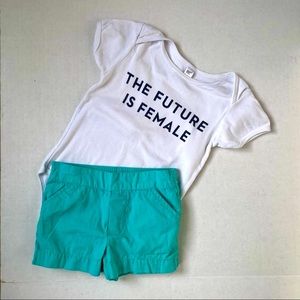 TWO-piece American Apparel “The Future is Female” onsie, Okie Dokie teal shorts